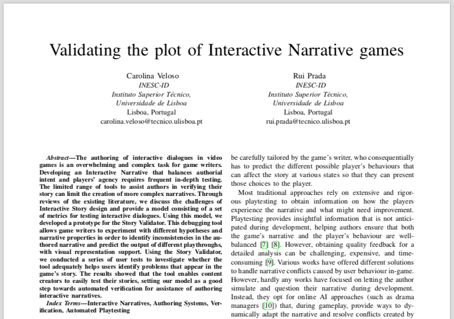 GAIPSLab's tweet photo. #NewPublication: Validating the plot of Interactive Narrative games
Authors: Carolina Veloso, Rui Prada
Venue: @ieee_cog #COG2021
#interactiveNarratives #AuthoringSystems #AutomatedPlaytesting https://t.co/fG8EzVu7oH