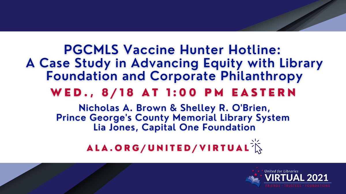 ala_united's tweet photo. Happening today at #UnitedVirtual21: @PGCMLS panel will discuss their COVID-19 Vaccine Hunter Hotline + how #libraryfoundations, #librarystaff, and corporate philanthropy can combine to develop and deploy emergency relief services. https://t.co/FrNVwcNvAF https://t.co/6NiGxcieWs