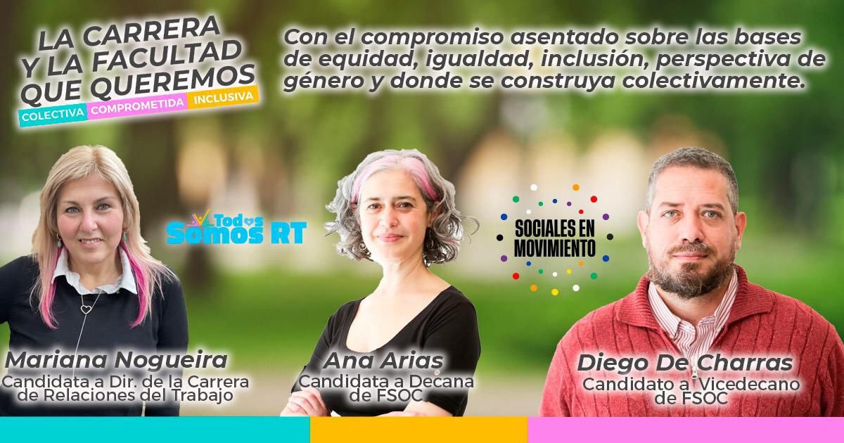 RtSomos's tweet photo. 📢 TU VOZ PARA ELEGIR LA CARRERA Y LA FACULTAD QUE QUEREMOS 💜
#Colectiva #Comprometida #Inclusiva
📆24 al 27 Elecciones en Sociales📦
😍Mariana Nogueira, Ana Arias Diego de Charras😍
Candidata a Directora Mariana Nogueira
LISTA 1 - LISTA M
#SocialesEnMovimiento #SomosRT https://t.co/Aa237MGTpV