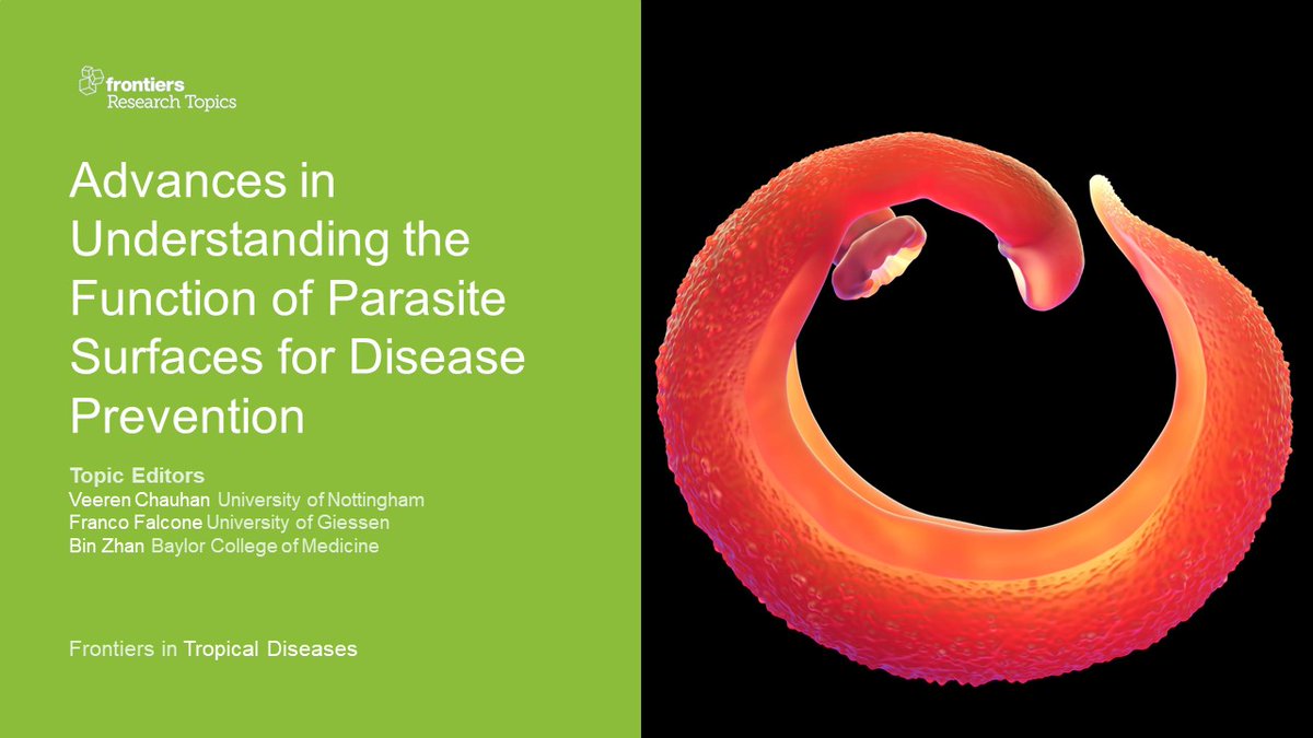 📣 Call for papers! 
Submit to our Research Topic &amp; share new insights on ⬇
Advances in Understanding the Function of Parasite Surfaces for Disease Prevention
Topic Editors👨🏾‍🔬Veeren Chauhan <a href="/ParaZoon/">Franco H Falcone</a> &amp; Bin Zhan
🔗fro.ntiers.in/eZQk
🗓16 Jan 2022
#tropicaldisease #immunology