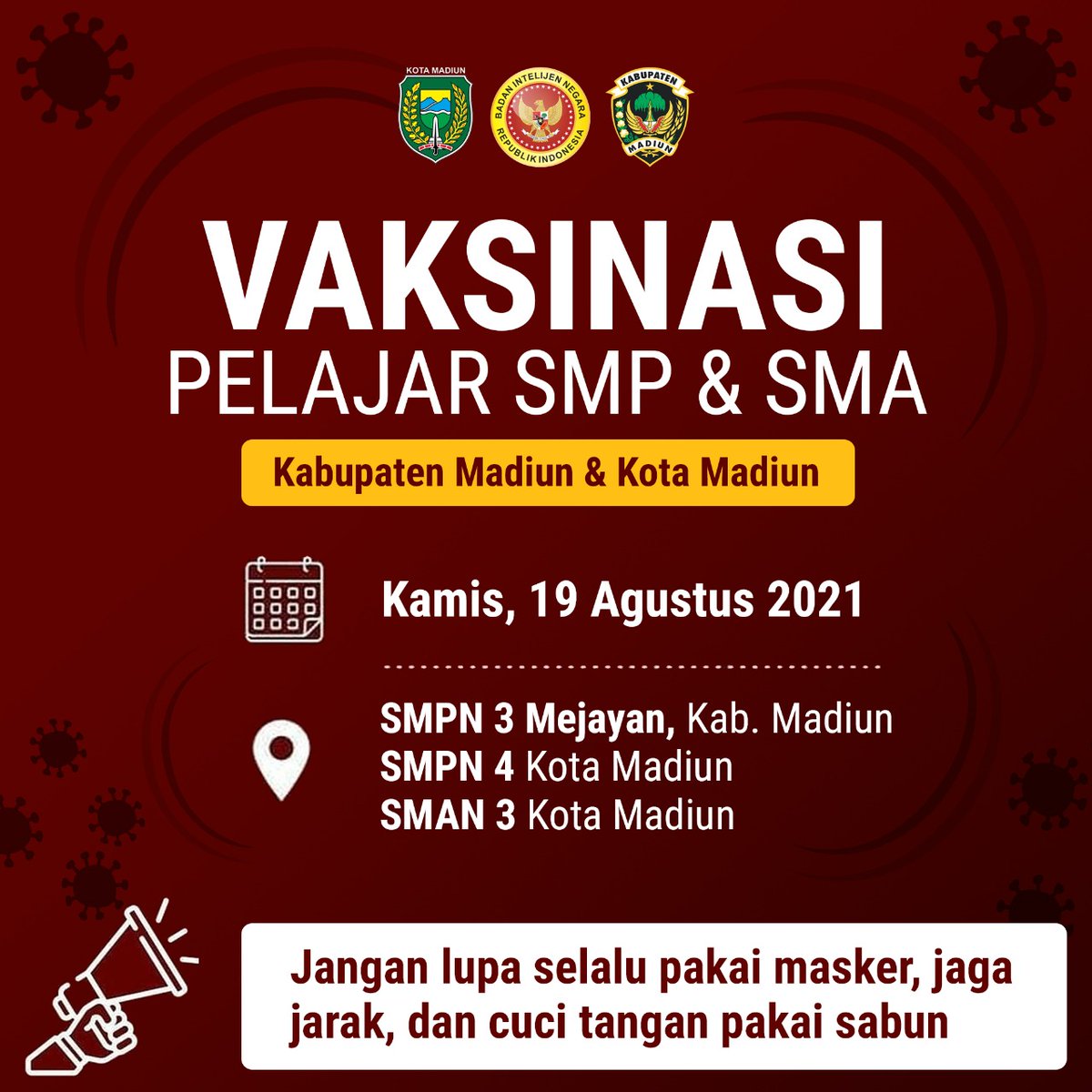 Mari dukung vaksinasi nasional.
Pemerintah sedang  serius melakukan percepatan vaksinasi. Skrg giliran madiun nih. Harapan kita langkah positif pemerintah ini segera dapat menekan angka penularan covid segera
#IndonesiaSehatIndonesiaHebat