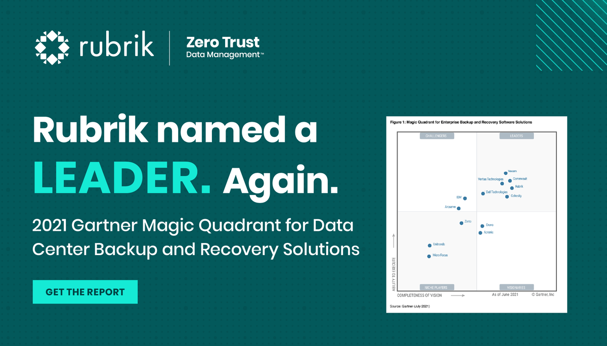 For the second year, @RubrikInc have been named a Leader in the 2021 Gartner Magic Quadrant for Data Center Backup and Recovery Solutions, and we’ve been placed furthest on right in Completeness of Vision! infl.tv/jTAI