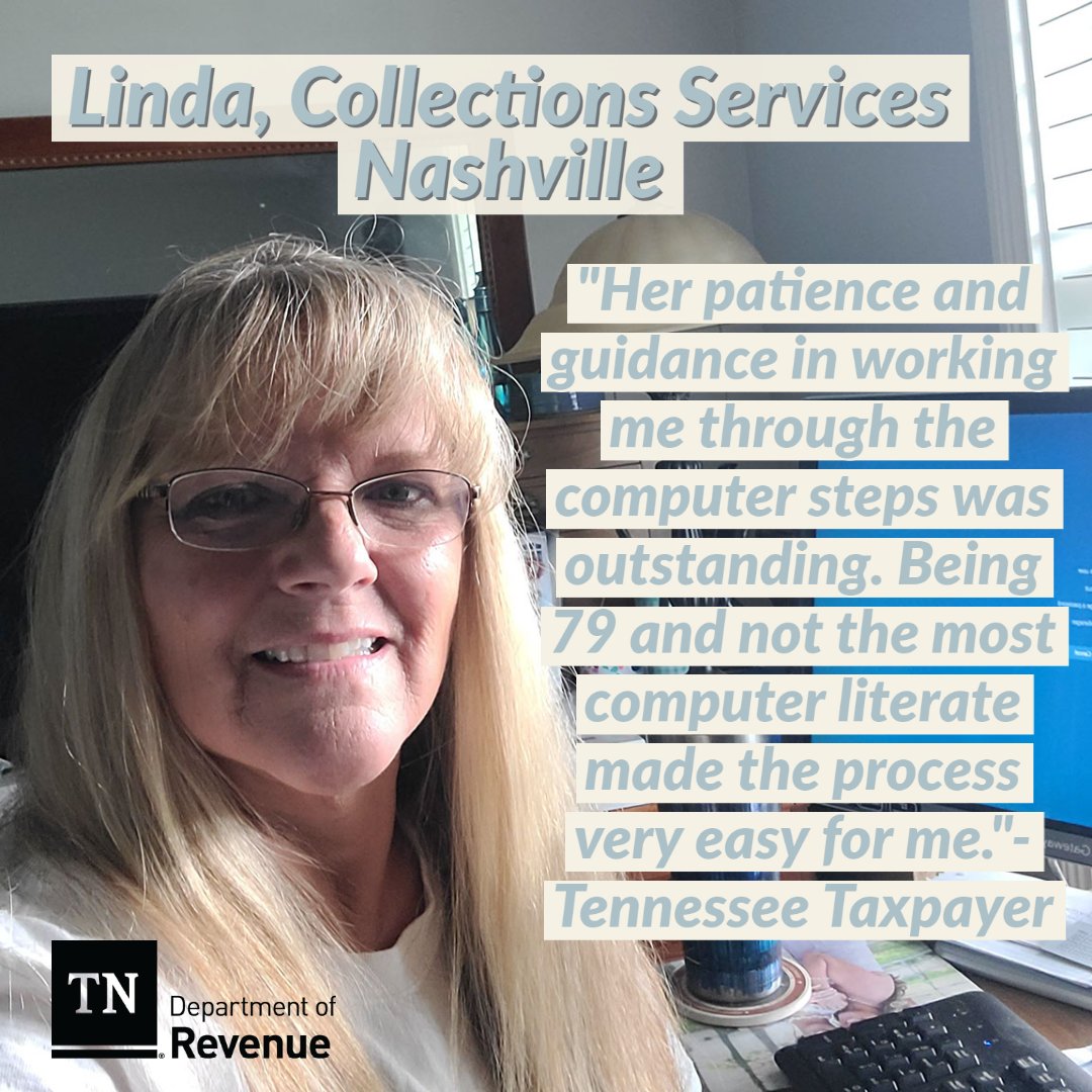 TNDeptofRevenue's tweet photo. "Her patience and guidance in working me  through the computer steps was outstanding. Being 79 and not the most computer literate made the process very easy for me."- Tennessee Taxpayer
Thank you to #TNRevenue's Linda for her great customer service!
💻https://t.co/2eK8yXtF3g https://t.co/HSTFzftqnE