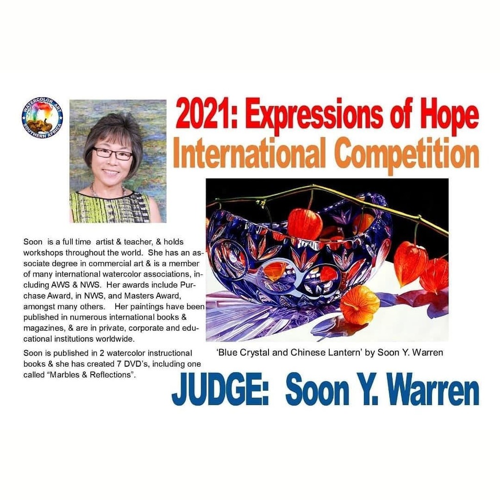 WatercolourSA's tweet photo. WASA are excited to announce Soon Y. Warren has agreed to judge in our 2021 Expressions of Hope #International #Competition...

#soonywarren #watercolour  #watercolorart #watermedia #watercolorartist #watercolors #watercolorartsa #WASA #WASAcontest1 #expressionsofhope #artis… https://t.co/fKHTod8X4n