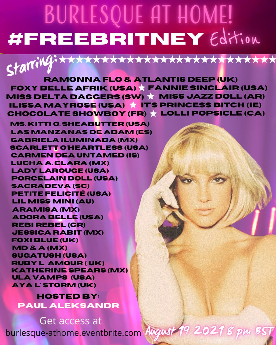 Burlesqueathome's tweet photo. Foxy Bell Afriq joins our #FreeBritney show tomorrow!  This edition is about honoring the art of Britney &amp; celebrating control over one’s body and life, while standing against forced medication &amp; forced birth control.
https://t.co/L3Fzn0MEJU part of the proceeds go to @YaajMexico https://t.co/gDc3U4TRcO