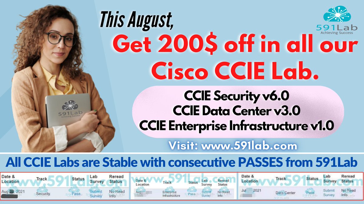 591Lab's tweet image. CCIE Security &amp;amp; CCIE Enterprise Infrastructure &amp;amp; CCIE Data Center LAB is now available on 591 Lab. Visit 591lab.com for more details. #ccie #EILAB #securityLAB #dcLAB #DATACENTERlab #Cisco #CiscoLab #professionalcertificate #certcommunity #591lab #591cert