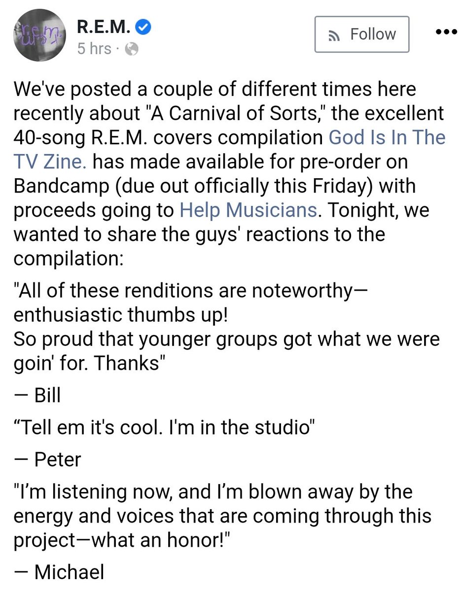 Just @remhq endorsing @billbones80 and @godisinthetv's covers compilation for @HelpMusiciansUK - this is huge! Buy the compilation with versions from the likes of @Celestial_North @DespJournalist @GodNoBand and @PineyGir - godisinthetvzine.bandcamp.com/album/a-carniv…