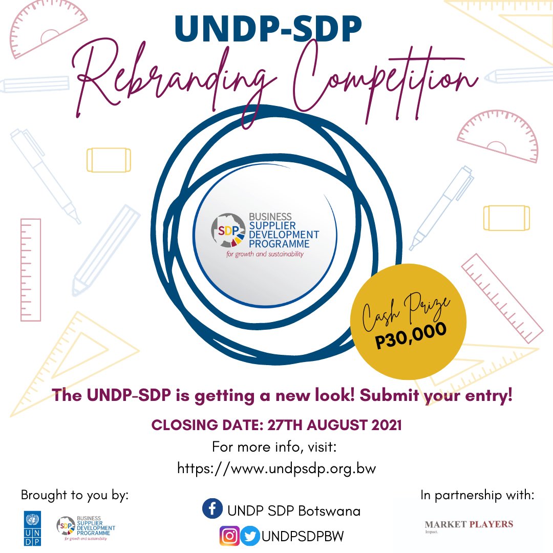 ATISASDP's tweet photo. #ICYMI The #SDPRebrandingCompetition is ON! Submit your logo design, tagline & Setswana name for the SDP.
We love to see your tags, RTs & likes. Keep them coming, maybe the winner of the P30,000 cash prize is on your TL!
Details: https://t.co/AXmqELV0Fr.
#UNDPSDP https://t.co/27f1UTY3n7