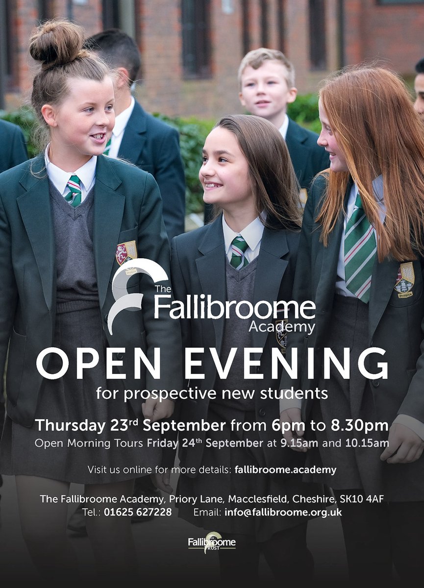 OPEN EVENING for prospective new students - Thursday 23rd September from 6pm to 8.30pm - Open Morning Tours Friday 24th September at 9.15am and 10.15am <a href="/FallibroomeNews/">The Fallibroome Academy</a> @TheFalliTrust