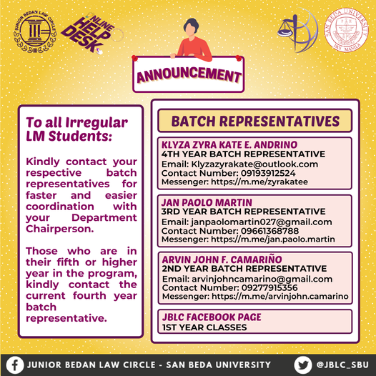 JBLC_SBU's tweet photo. 📣 Attention Irregular LM students! 📣
Please be guided by the following contacts of your batch representatives. 
#LM2021 https://t.co/hwZxnP0Ptj