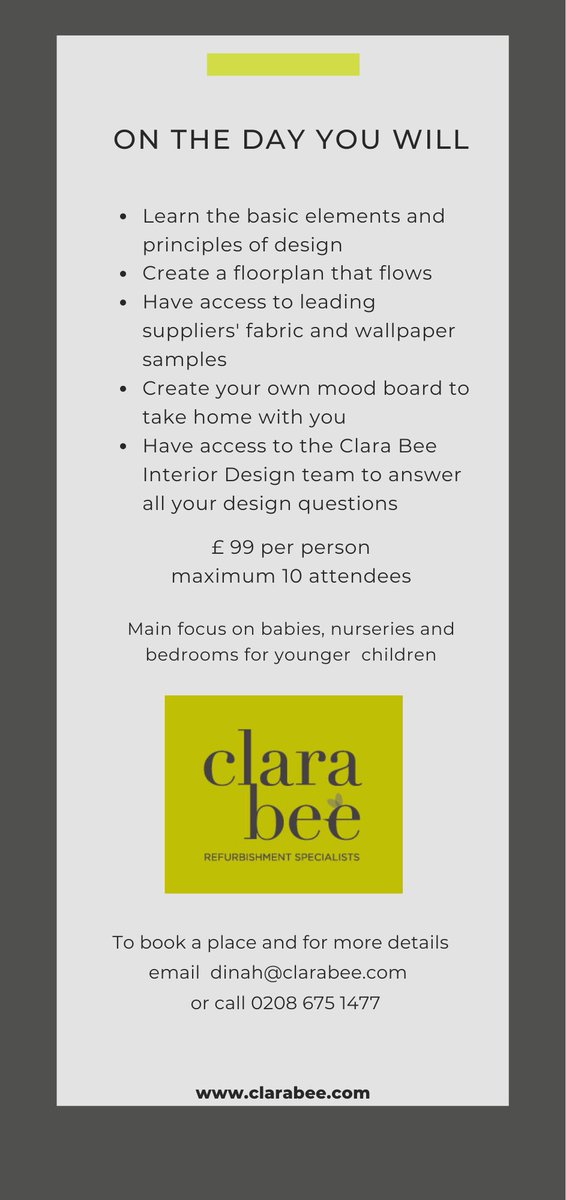 ClaraBeeLondon's tweet photo. Interior Design Workshop for babies' and children's rooms 30/9/21 @streathamspace SW2 Learn the principles of how to make your child's room an amazing space they will love, see https://t.co/Ge3xhOzJqA #interiordesign #workshops https://t.co/OF36lGwHDi
