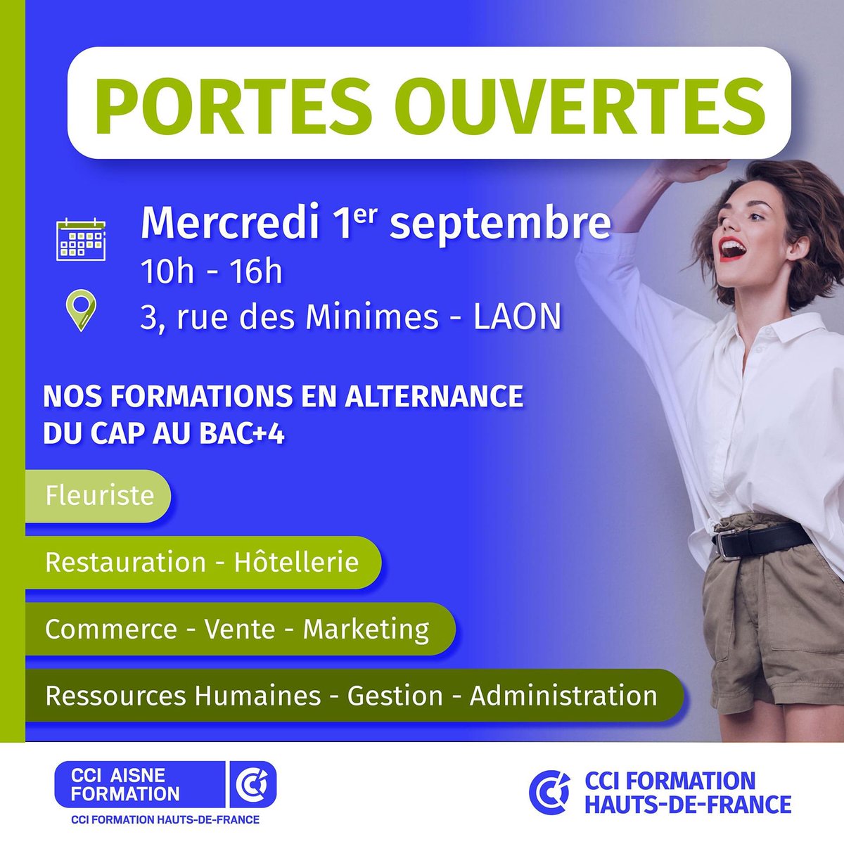 La CCI Aisne Formation organise des 𝙋𝙊𝙍𝙏𝙀𝙎 𝙊𝙐𝙑𝙀𝙍𝙏𝙀𝙎 ! 

Au programme : 
• Ateliers de découverte des métiers
• Visite du campus 
• Rencontre avec les entreprises partenaires
• Conseil et accompagnement au projet pro
