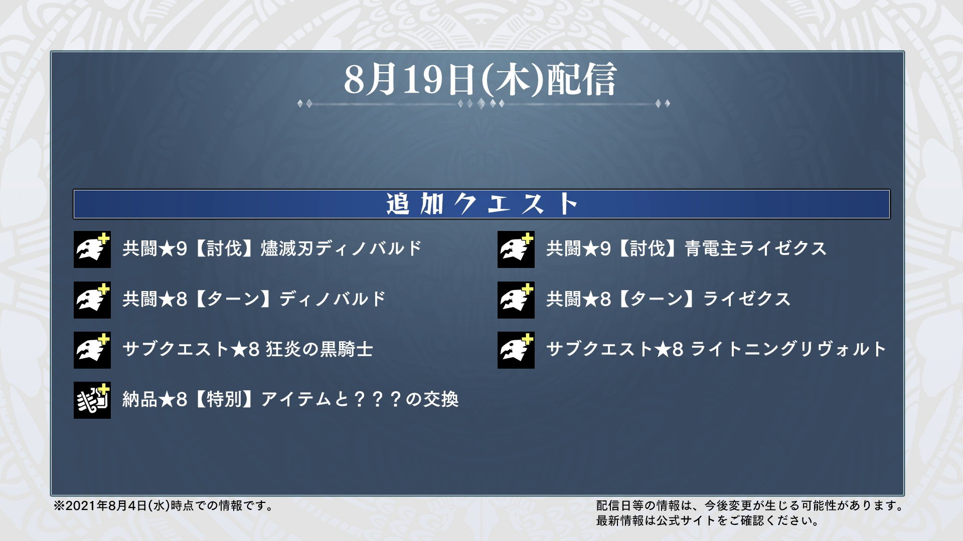モンスターハンターストーリーズ2 破滅の翼 公式 8月19日追加クエスト配信 共闘 ９ 討伐 燼滅刃ディノバルド 共闘 ９ 討伐 青電主ライゼクス 共闘 ８ ターン ディノバルド 共闘 ８ ターン ライゼクス サブクエスト ８狂炎の黒騎士 サブ