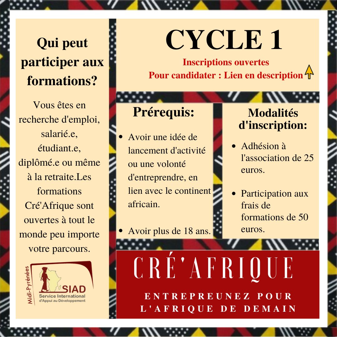 Hey ! 
Voici les prérequis et les modalités d’inscription pour notre premier cycle de formation Cré’Afrique. 
Ce lien vous permettra de candidater si vous êtes intéressé : forms.gle/vbWYdU82zykE4P…