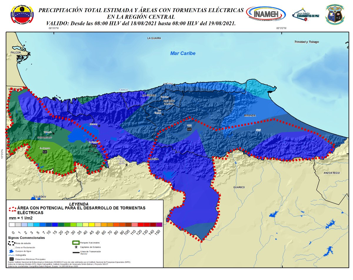 #18Ago #INAMEHInforma Precipitación Total Estimada en Centro Norte Costero; Áreas con Potencial desarrollo de tormentas eléctricas (líneas entrecortadas) en Carabobo, sur de Aragua y Miranda. #Reporte de las 05:43 HLV #PlanDeLluvias2021 #FelizMiércoles