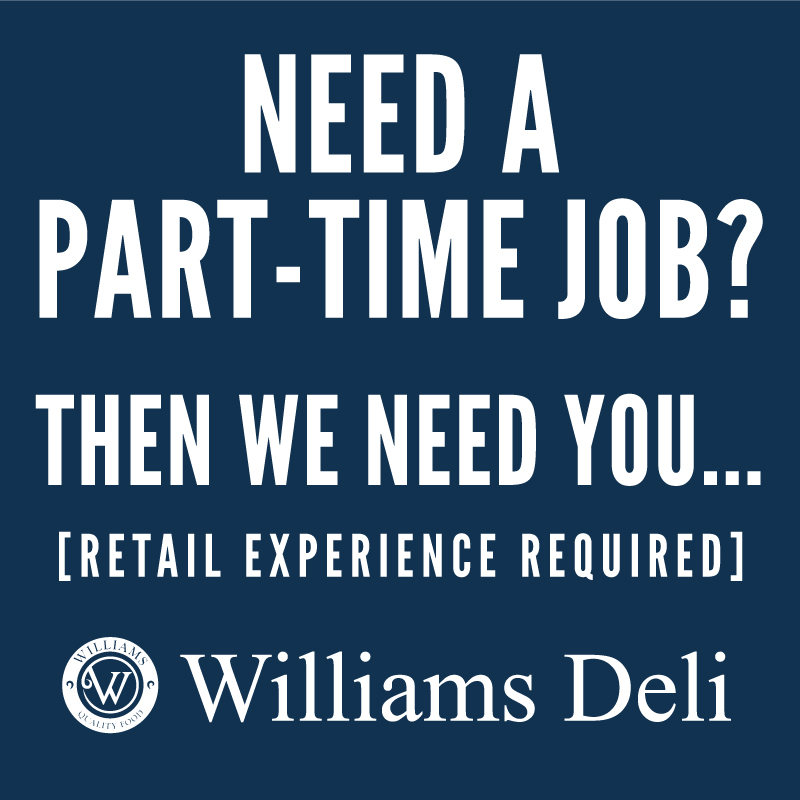 Need a #parttimejob?
Then we need you...

We’re always on the lookout for good part-time staff.
So feel free to pop in to our market stall and drop off your details or CV and your contact info. Or email us on info@williamsdeli.co.uk

[Retail experience required]

<a href="/TamesideMarkets/">Tameside Markets</a>