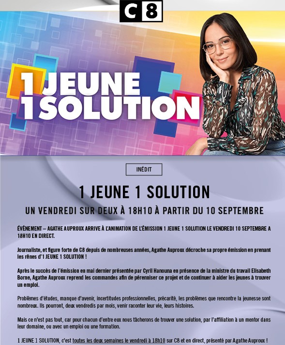 h2o productions on twitter des le 10 septembre a 18h10 sur a c8tv agathe auproux reprend les commandes de 1jeune1solution precarite avenir etudes des jeunes viendront un vendredi sur deux s exprimer