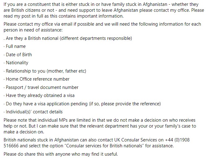 Important! If you live in my constituency and are or have family stuck in #Afghanistan please read the information below on the assistance I can provide.