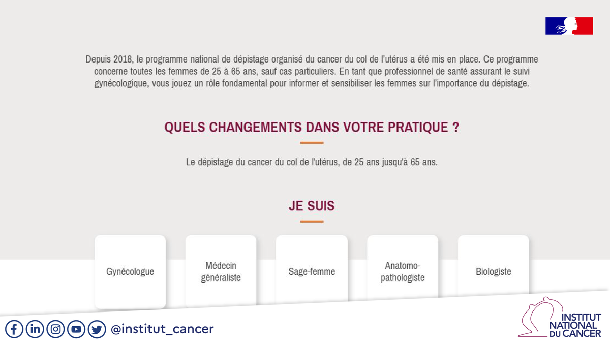 Institut_cancer's tweet photo. #ProfessionnelsDeSanté
Le dépistage du #cancer du col de l’utérus concerne les femmes de 25 à 65 ans. Dans certaines situations, un suivi spécifique doit être proposé. 
Retrouvez notre outil interactif pour les orienter et les accompagner 👉 https://t.co/8Wh7glOm4c https://t.co/xrRk5DwKZH