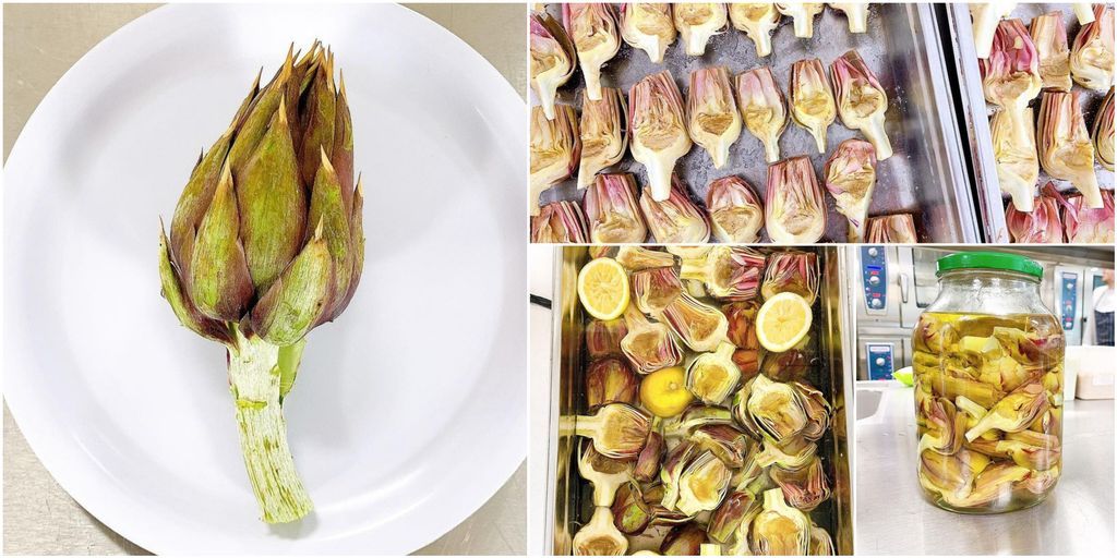 Artichokes from <a href="/Natoora/">Natoora</a> prepped down, boiled, dried and steeped in olive oil from @belazu_co 
 
School made by <a href="/woodychefs/">woodychefs</a> 

An example of the school food sides being served this past year.