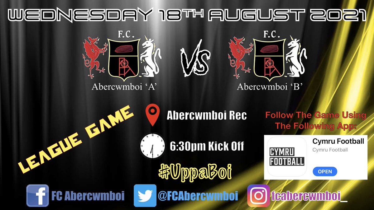 🚨MASSIVE GAME DAY🚨

🗓 Wednesday 18th August 2021
FC Abercwmboi ‘A’ 🆚 FC Abercwmboi ‘B’
🏟 Abercwmboi Rec
🏆 Aberdare League 
🕡 6:30pm Kick Off 

You can follow the game by downloading the Cymru Football App 📱 

#UppaBoi 🟡⚫️