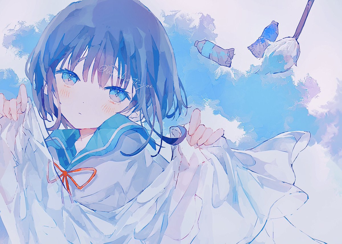 1girl solo blue eyes sailor collar looking at viewer red ribbon blush  illustration images