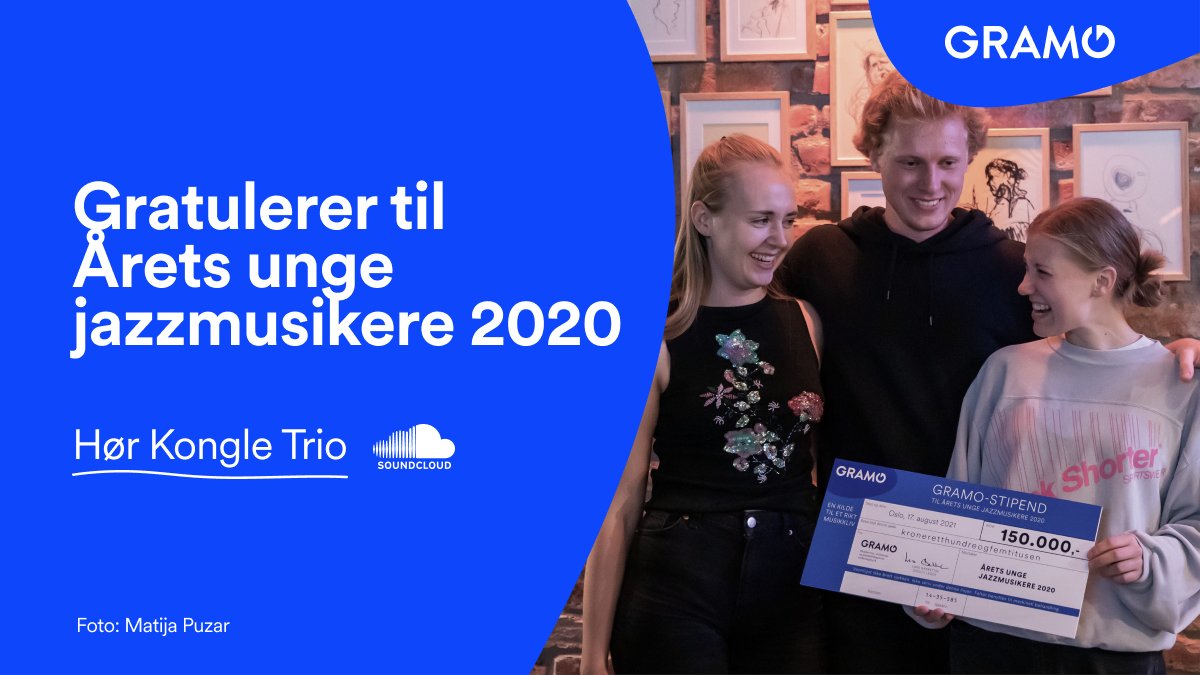 Gramo (@gramonorge) on Twitter photo Gratulerer til Kongle Trio som vinner av Jazzintro Årets unge jazzmusikere 2020! 🙌 🎉 
Bandet mottar Gramo-stipend på 150 000 kroner samt lanseringspakke fra Norsk jazzforum og Talent Norge. 
Hør Kongle Trio: soundcloud.com/kongletrio Gratulerer til Kongle Trio som vinner av Jazzintro Årets unge jazzmusikere 2020! 🙌 🎉 
Bandet mottar Gramo-stipend på 150 000 kroner samt lanseringspakke fra Norsk jazzforum og Talent Norge. 
Hør Kongle Trio: soundcloud.com/kongletrio