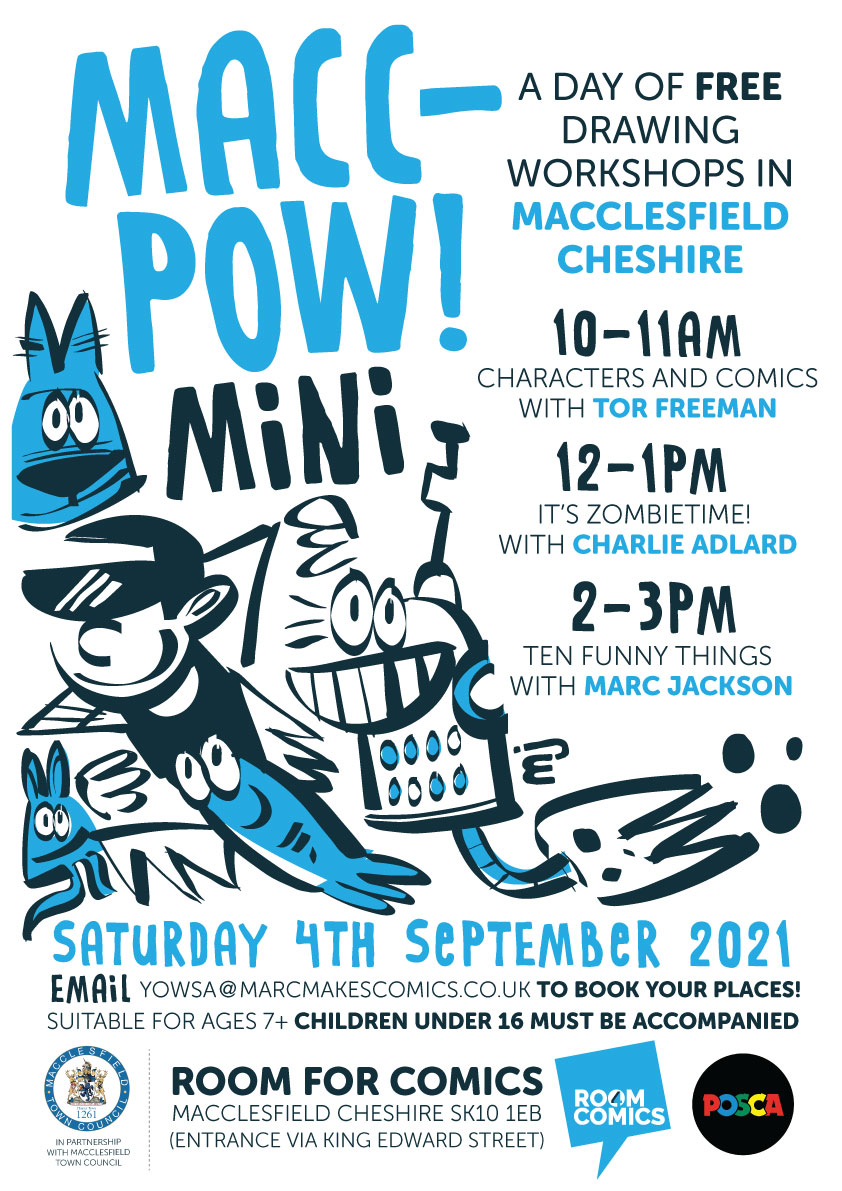 MACC-POW! mini is coming to ROOM FOR COMICS, Macclesfield, in Cheshire’s new creative space for comics and cartoon art, and it’s got @tormalore and @CharlieAdlard along for the ride!