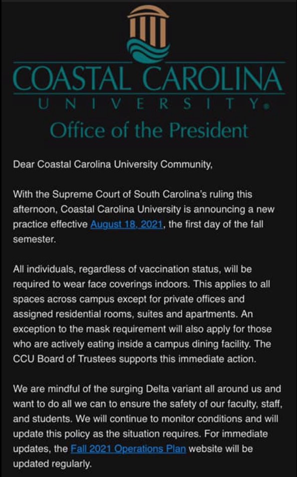michaeltbenson's tweet photo. Good luck to all our @CCUChanticleers students, faculty, and staff with the start of the fall semester today. Stay safe, vigilant, and continue to look out for each other as we navigate these times together. #ChantsUp #TEALNATION https://t.co/BxP6WOMJxw
