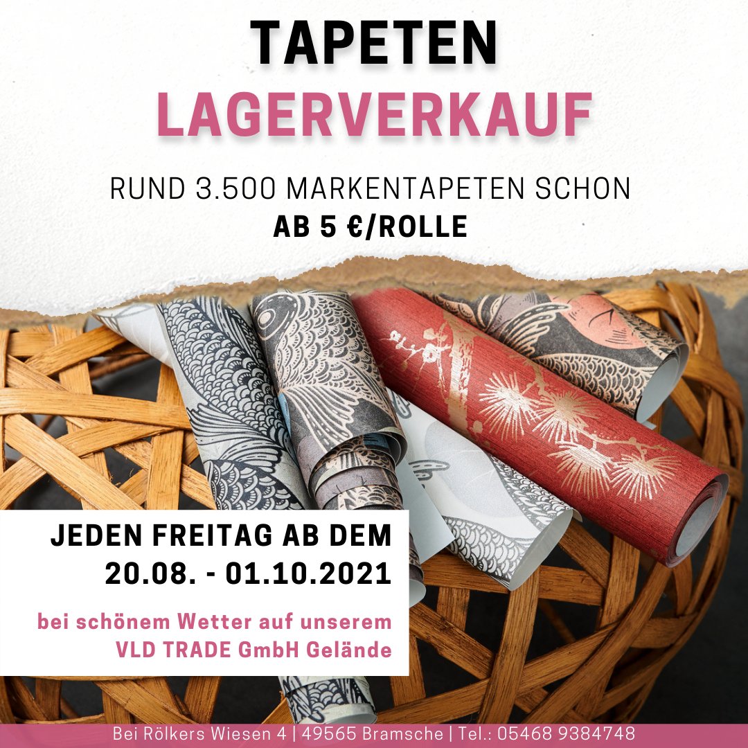 Diesen Freitag startet unser #Lagerverkauf 
Tapeten und viele weitere Artikel für Ihre Raumgestaltung zum Vorteilspreis 
Wann? Jeden Freitag ab dem 20.08. - 01.10.21
Wo? VLD Trade GmbH Gelände in Bramsche

#bramsche #sonderverkauf #tapeten #stuck #osnabrückerland #osnabrueck