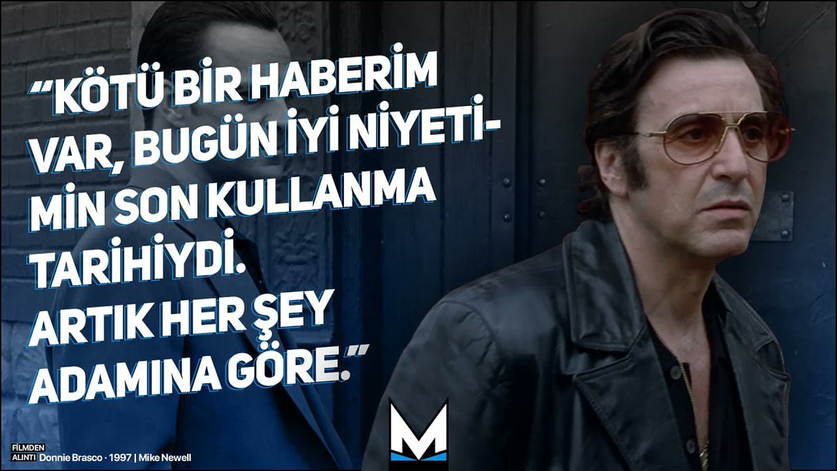 🗨️ "Kötü bir haberim var, bugün iyi niyetimin son kullanma tarihiydi. Artık her şey adamına göre."

- Donnie Brasco, 1997.

#AlPacino #film #donniebrasco #alıntı