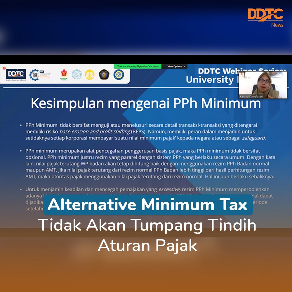 DDTCNews's tweet photo. Penerapan PPh minimum atau AMT dinilai tidak bersifat opsional, tetapi akan berjalan paralel dengan sistem PPh yang berlaku secara umum.
Baca berita selengkapnya di sini https://t.co/AwJNQaynL1

#WebinarSeriesUniversityRoadshow #DDTCAcademy #RUUKUP #alternativeminimumtax https://t.co/a28s7coS7O