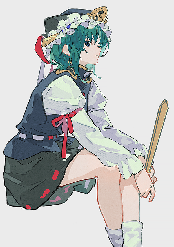 shiki eiki 1girl solo hat green hair skirt rod of remorse vest  illustration images
