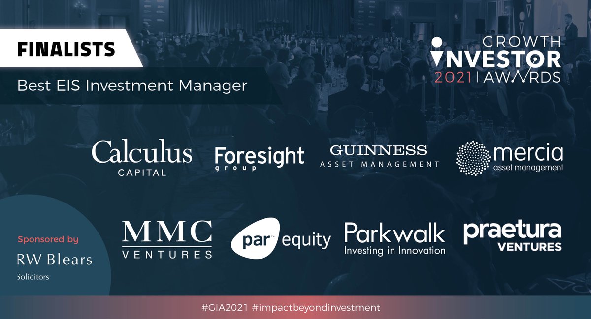 Well done to everyone nominated to Best EIS Investment Manager category, sponsored by <a href="/rogerblears/">Roger Blears</a>: <a href="/CalculusCapital/">Calculus Capital</a> <a href="/ForesightGroup/">Foresight Group</a> @GuinnessAM <a href="/Mercia_PLC/">Mercia Asset Management PLC</a> <a href="/MMC_Ventures/">MMC</a> <a href="/ParEquity/">Par Equity</a> <a href="/ParkwalkAdvisor/">Parkwalk</a> <a href="/praetura_ven/">Praetura Ventures •</a> 🙌👏🙌👏 #GIAwards2021 #impactbeyondinvestment #SME