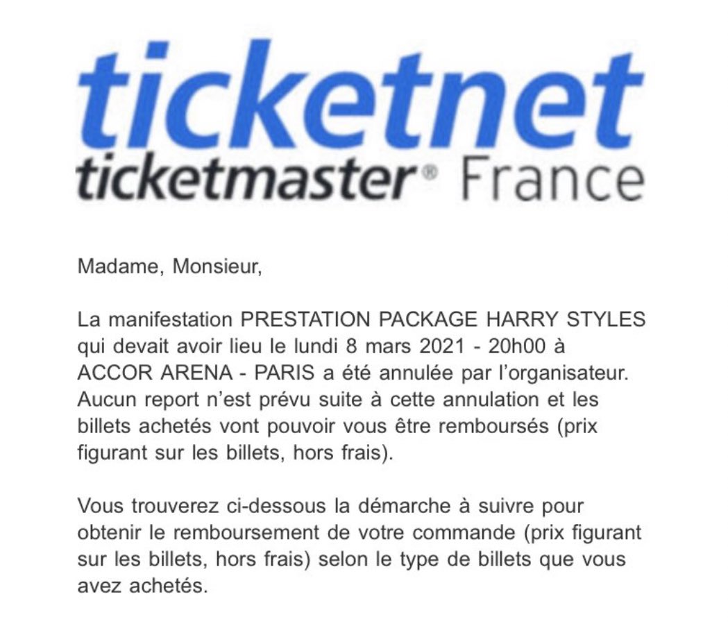 📲 | Le concert d'Harry à Paris a été annulé !

Vous allez recevoir un mail de la part de Ticketmaster ainsi que le remboursement de vos places.