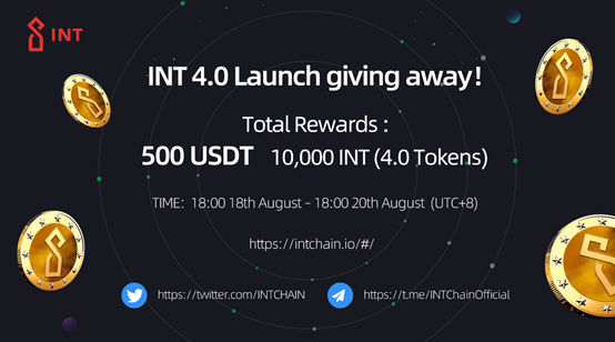 To celebrate INT 4.0 launched successfully, we #airdrop $500 $USDT to 5 people! And 10, 000 INT (INT 4.0 tokens) to the other 50 people!🚀🚀🚀

Follow <a href="/INTCHAIN/">INT</a>
Join t.me/INTChainOffici… &amp; t.me/INTchainoffici…
RT &amp; Like &amp; Tag 3 friends
Submit: forms.gle/EgieK3HLTsnyY2…
#INT