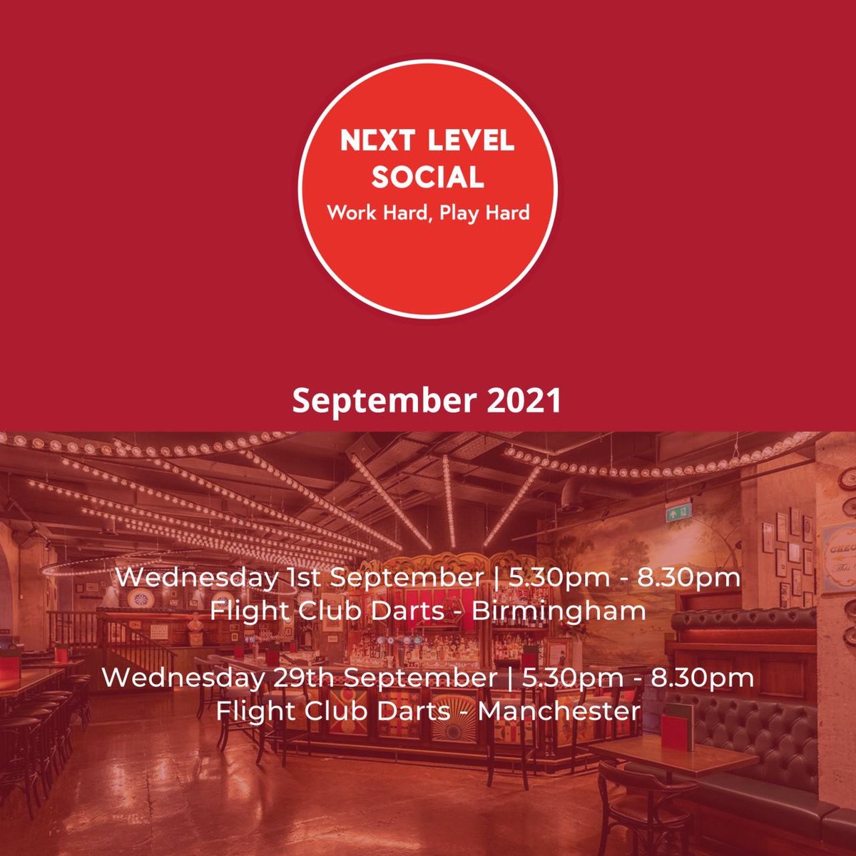 Just 2 weeks to go before <a href="/NL_NetworkingUK/">Next Level Networking UK</a> hosts the #NextLevelSocial <a href="/flightclubdarts/">Flight Club Darts</a>! 🎯

📆 Wed 1st Sep 21
📍 Flight Club - #Birmingham 
⏰ 5.30pm - 8.30pm

More details and to book: nextlevelconsultancy.co.uk/event/nl-socia…

#WorkHardPlayHard ⭕

#FlightClubDarts #HappyHumpDay #Hospitality