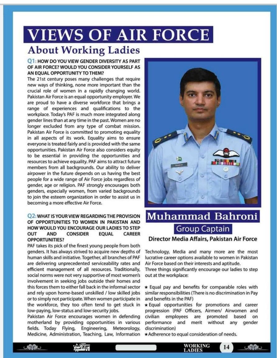 IIOJK4Freedom's tweet photo. Group Captain Bahroni, Director Media Affairs, Pakistan Air Force explains in the below interview the ideology of #Women empowerment, role of women in nation building and outlines the opportunities for women in #PAF
@javerias https://t.co/WIdx9wkJYg