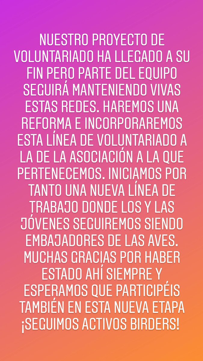 ¡Buenas tardes birders!

A partir de septiembre realizaremos cambios en la proyecto para poder darle continuidad.

¡Gracias por hacernos crecer y por seguir siendo parte de esta aventura!