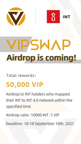 INTCHAIN's tweet photo. To celebrate INT 4.0 launched officially, INT co-first project VIPSWAP will #airdrop 50,000 VIP Tokens!@vip_swap 😉🚀🚀🚀

# Rules:
Map your token through https://t.co/RVbXNXZD1x
Minimum amount: 10,000 INT
Airdrop ratio: 10,000INT : 1VIP
Deadline: 18th September 18:18 (UTC+8) https://t.co/7GGAK7W1Pk