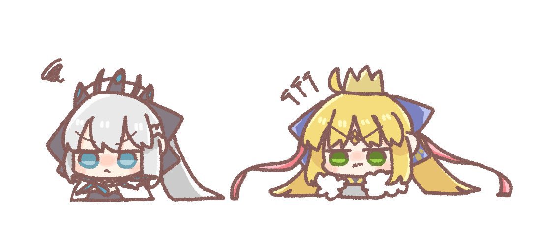 artoria caster (fate) ,artoria pendragon (fate) ,morgan le fay (fate) multiple girls 2girls blonde hair green eyes crown chibi white background  illustration images