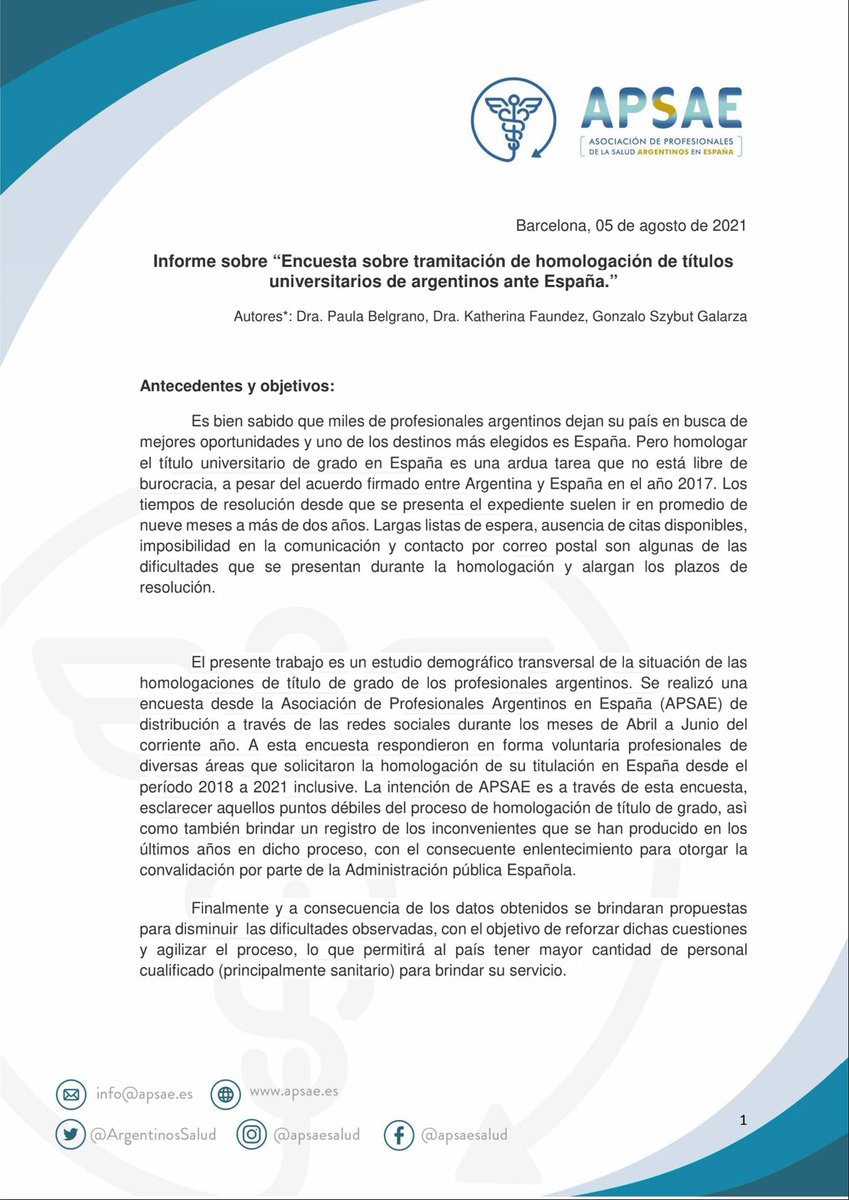 ArgentinosSalud's tweet photo. Informe final "Encuesta sobre tramitación de homologación de títulos universitarios argentinos en España"
Le haremos llegar el Informe a las Autoridades Española #JMPingarron  
Informe completo: 
https://t.co/6S8yLzmnOC https://t.co/3QVyb4FIP9