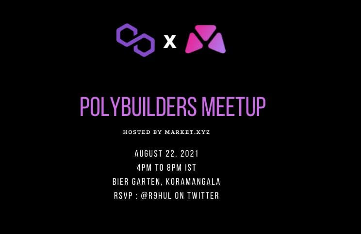 If you are in Bangalore on 22nd August, do signup for #PolyBuilders meetup hosted by <a href="/market_xyz/">luck</a> 

Aug 22nd, 2021 @ 4:00 - 8:00 pm local time
Biergarten Brewery &amp; Kitchen

polygon.kickback.events/event/0xfcf0fa…

<a href="/0xPolygon/">Polygon</a> <a href="/wearekickback/">Kickback</a>