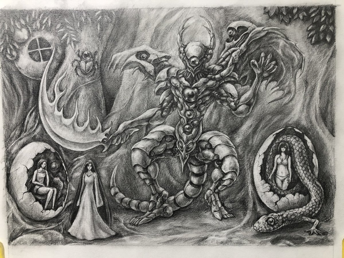#夏の創作クラスタフォロー祭り
#絵柄好みって人にフォローされたい 
#絵描きさんと繋がりたい 
#scifiart
#darkart 
#illustration 
SF人外魔境の空想鉛筆画です。 