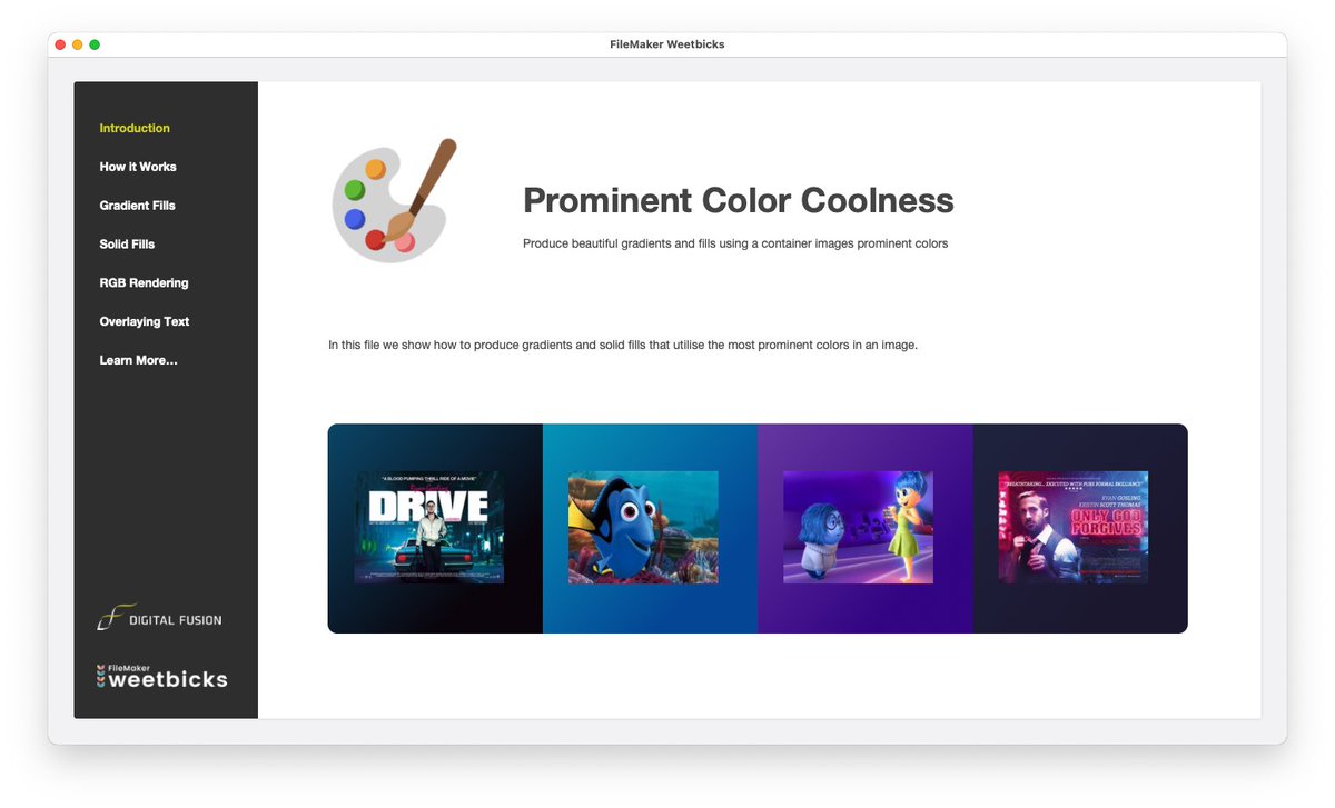 FMweetbicks's tweet image. #FileMaker Weetbicks is back after a 2 year hiatus with a new article - Prominent Color Coolness. Gradient/Solid fills generated from container images &amp;amp; much more! teamdf.com/blogs/prominen… . As always, an example file has been lovingly crafted to help you explore these techniques.