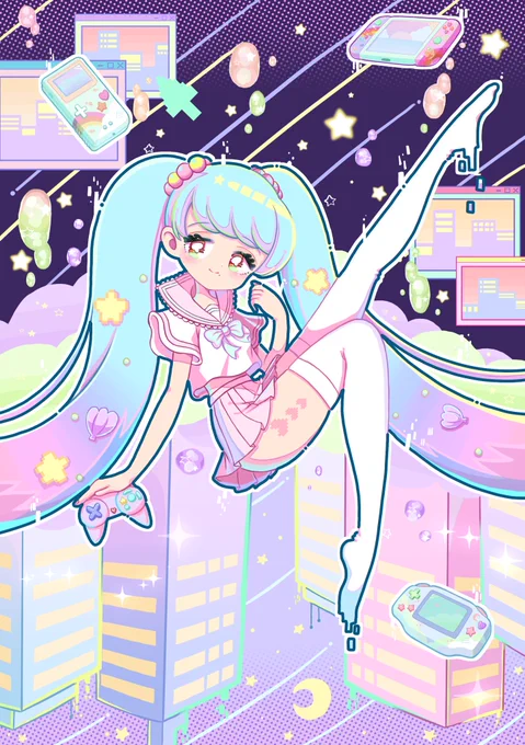#夏休みSNS展示会_一次創作
コズミックゆめかわゲームモチーフをよく描きます〜💓 