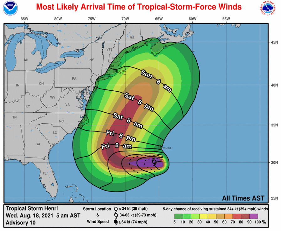 DrRickKnabb's tweet photo. Don’t be surprised if at least tropical storm watches have to be issued in a couple days for some portion of the northeastern U.S. for potential direct impacts from #Henri this weekend. Some models are on left side of the cone and forecasts might have to adjust in that direction. https://t.co/uKealxrvLX