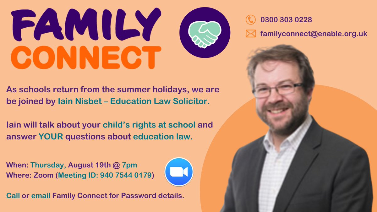 Enable_Tweets's tweet photo. 💬 #FamilyConnect welcomes back @absolvitor, Education Law Solicitor, to discuss your child’s rights at school and answer YOUR questions about education law.

⏰ Thursday, 19th August @ 7pm

Join us! 💜
☎️ 0300 303 0228
📧 familyconnect@enable.org.uk
🌐 https://t.co/wpSnU8oEtJ https://t.co/7JyvDMiU6R