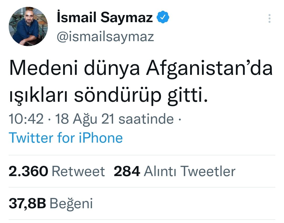 Sırtını yasladıkları, hayran oldukları, döttüne yamandıkları medeni dünyanın tavrına pek şaşırmış ve bunu da 'sayma'mış <a href="/ismailsaymaz/">İsmail Saymaz</a> ve pek küsmüş efendilerine ❗
Bize "koyun!" diyen 35.000'den fazla şey de beğenip alkışlamış ❗
Bravo özgürlükçü, devrimci sol 😄