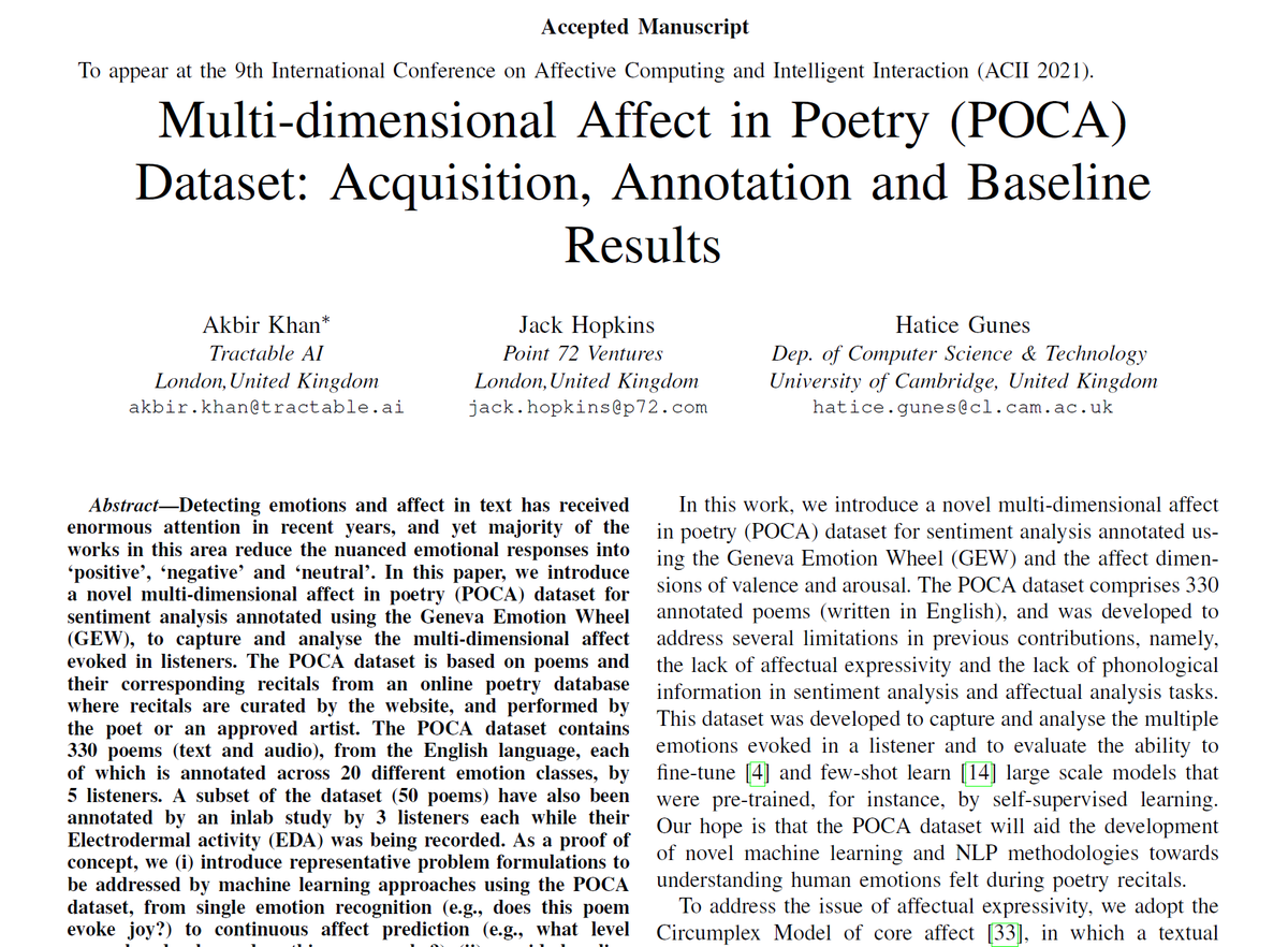 HatijeGyunesh's tweet image. Congratulations to @Cambridge_CL @AFAR_Cambridge  MPhil alumnus @akbirkhan  for persevering and getting his paper *Multi-dimensional Affect in Poetry (POCA) Dataset: Acquisition, Annotation and Baseline Results* accepted ACII&apos;21 @acii_conf! Preprint: repository.cam.ac.uk/handle/1810/32…